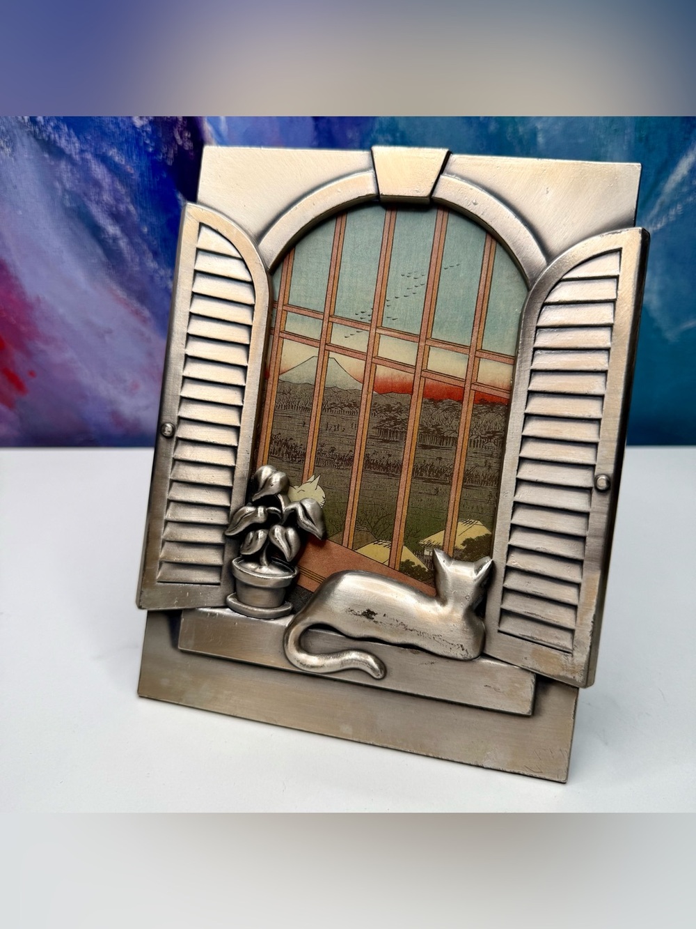 Cat in Window Picture Photo Frame Silver Tone Vintage for 4x6 Photograph Whimsy